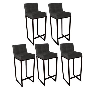 Imagem de Kit 05 Banqueta Alta Linne Com Encosto Cozinha Bar Balcão Bistrô Ferro Preto Corino Cinza