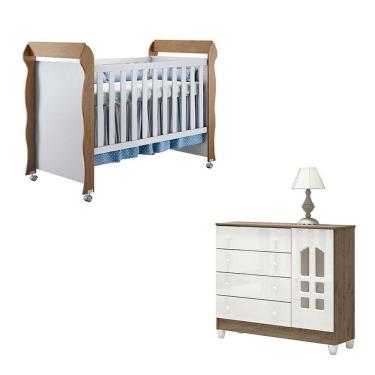 Imagem de Berço Americano Mirelle e Cômoda Infantil Selena 1 Porta 4 Gavetas em MDF e MDP 154 cm Branco Acetinado Amadeirado