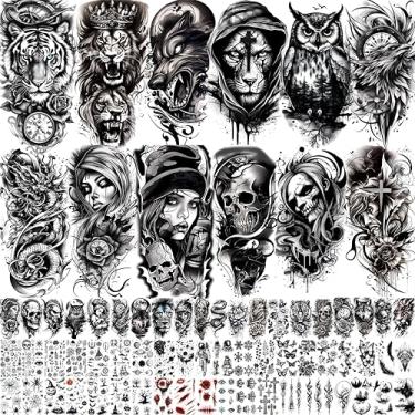 Imagem de glaryyears 72 Folhas De Tatuagens Temporárias Super Para Homens E Mulheres Adultos - Animais Assustadores Realistas 3D Pretos, Caveiras, Cicatrizes, Conjunto Falso, Braço, Manga, Pescoço, Adesivo Ta