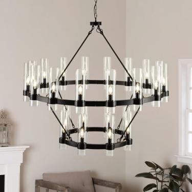 Imagem de MAYNA Lustre Moderno De Fazenda Com 24 Luzes, Estilo Roda Carroça Preta, Cúpula Vidro, Luminária Pendente Industrial Redonda Grande 48" Para Teto Alto, Sala Jantar, Hall Entrada