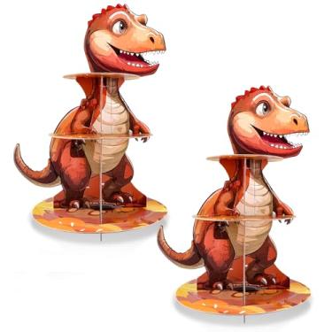 Imagem de PDFans Suporte Para Cupcake De Dinossauro, Com 3 Pneus, Exibição Temática Cupcakes, Torre Sobremesas, Bandeja Em Camadas Crianças, Festa Na Selva, Suprimentos Aniversário (Dinossauro - 2 Peças)