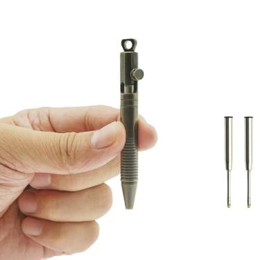 Imagem de YEEMO Mini caneta de latão com chaveiro de liberação rápida, caneta de bolso EDC feita à mão, 76 mm com 2 refis de substituição e caixa de presente (QR retrô preto)