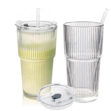 Imagem de Lioong 2 peças de copos de vidro com tampas e canudos, 600 ml, copos de café gelado com tampas, copo de vidro com canudos, copos vão para canecas de viagem para bebidas frias, suco de batido, beber