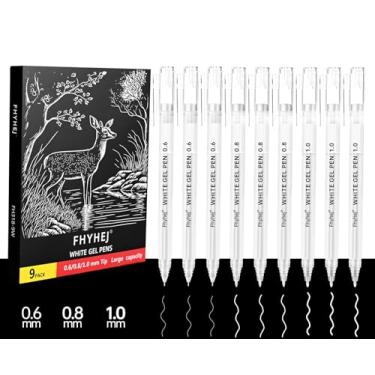 Imagem de Fhyhej Pacote com 9 canetas de gel brancas para arte em papel preto, pontas finas de 0,6/0,8/1,0 mm - canetas brancas de tinta de arquivo para diário, presentes de Natal em aquarela