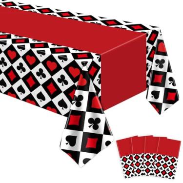 Imagem de FVEOCR Pacote com 4 toalhas de mesa de pôquer com tema de cassino, toalha de mesa de festa de Las Vegas, jogo de cartas, cassino, festas noturnas, tema de pôquer, decoração de 130 x 201 cm