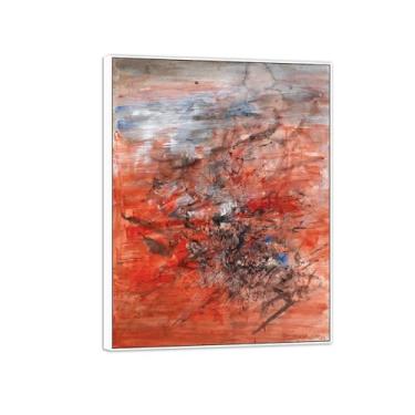 Imagem de MUHJDYC Zao Wou-ki Pintura famosa abstrata - imagem de arte em tela - arte de parede para sala de estar - reprodução de impressões (vermelho) moldura branca 60x80cm-23x31in