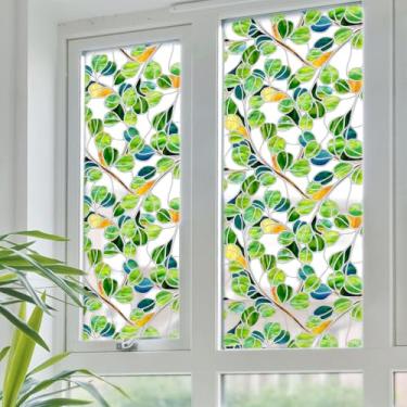 Imagem de Flortlias Película para janela de vitral com chumbo de prata sintética, translúcida dupla face original pintada à mão para janela e porta, folhas de eucalipto verdes 40 x 200 cm