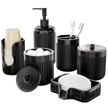 Imagem de BSSN Conjunto De 6 Acessórios Cerâmica Para Banheiro, Preto, Dispensador Sabonete, Porta-Escovas Dente, Porta-Copos, Organizador Bancada Com 2 Cotonetes, Acessório (Preto, Pente B)