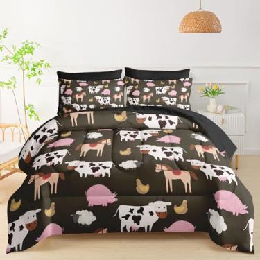 Imagem de QOOMO Conjunto de 7 peças para decoração de quarto infantil de animais e ovelhas, casal com 1 edredom, 2 fronhas, 2 fronhas pretas, 1 lençol com elástico, 1 lençol de cima