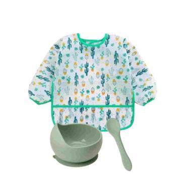 Imagem de Babador Cactos Manga Longa Tigela Bowl Ventosa Colher Silicone Verde -