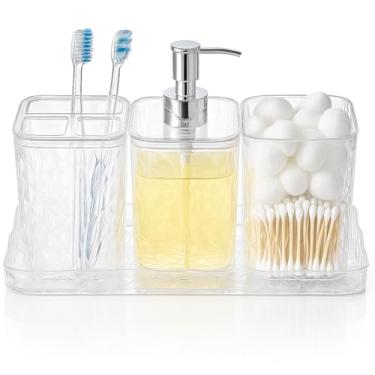 Imagem de Kit Porta Sabonete Líquido, Escova e Algodão com Saboneteira Transparente Conjunto Acrílico Resistente e Durável Design Moderno Elegante