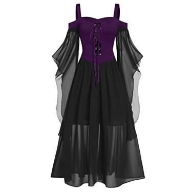 Imagem de Lxitoler Vestido medieval para mulheres, vestidos renascentistas, espartilho gótico, fantasia de bruxa, vestido de fada plus size (5GG, 02-roxo escuro)