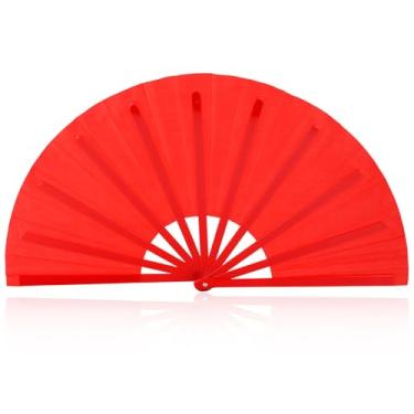 Imagem de BOXOB Ventilador de mão grande dobrável, ventilador portátil de plástico dobrável para dança em linha, decoração de festa de casamento, desempenho (vermelho)