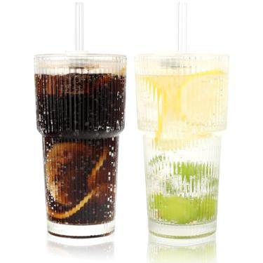 Imagem de AiMQnLe Xícara de café gelada de 590 ml com tampas e canudos, copo de vidro vintage, vidro canelado para cerveja de coquetel de uísque, copos de bebida (2)