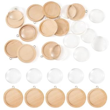 Imagem de KISSITTY Kit de pingente DIY Bisque Cabochão redondo de madeira com pingentes, bandejas redondas de madeira e vidro transparente, cúpula transparente para artesanato faça você mesmo, colares de fotos