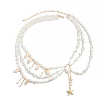 Imagem de Tondiamo Corrente de barriga de pérola em camadas para o corpo, sereia, praia, concha, estrela-do-mar, biquíni, bijuteria, moda, praia, rave, festa, clube, acessórios corporais, joias para mulheres