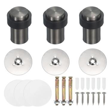 Imagem de PATIKIL 3 conjuntos de batentes de porta redondos, batente de porta de aço inoxidável de 60 mm cunha cilindro de metal autoadesivo com parafuso para parte inferior do piso da porta interna, tom de