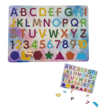 Imagem de Brinquedo Pedagógico Educativo Em Madeira 3 X 1 Alfabeto De Encaixe, Números E Formas Geométricas Tam G