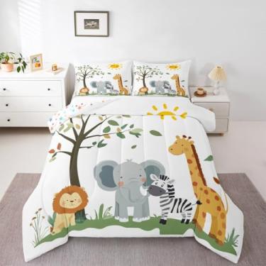 Imagem de Feelyou Conjunto de edredom fofo de animais selvagens, crianças, elefante, girafa, leão, zebra, para meninos, meninas, adolescentes, desenho animado, natureza, vida selvagem, conjunto de cama