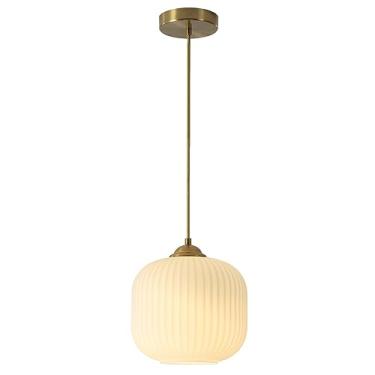 Imagem de Flyrose Luzes pendentes modernas de meados do século cozinha ilha pequena de vidro de leite luminária pendente de globo dourado luminária pendente de vidro nervurado branco para sala de jantar e sala