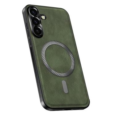 Imagem de HAOMRIYL Capa magnética para Samsung Galaxy S25 Ultra/S25 Plus/S25, capa de proteção de couro à prova de choque, capa protetora para câmera estilo empresarial, verde, S25plus
