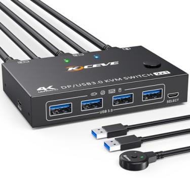 Imagem de KCEVE KVM Switch 2 computadores, 1 porta de exibição de monitor, porta de exibição de switch KVM 4K a 144Hz para 2 computadores compartilhados, 1 monitor e 4 dispositivos USB, com controle remoto com
