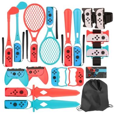 Imagem de EOVOLA 18 in 1 Accessories Kit for Nintendo Switch/OLED Sports Games, Tennis Rackets, Comfort Grips Golf Clubs, Swords, Wrist Bands and Leg Strap Etc.-With Storage Bag