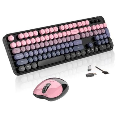 Imagem de Teclado e mouse sem fio, teclas redondas MOFII 104, máquina de escrever retrô com OTG e pincel, ergonômico de tamanho completo, ideal para Windows PC, casa, escritório e faculdade, rosa pêssego