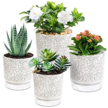 Imagem de Etvski Vasos autoirrigáveis para plantas de interior, 4 peças, vasos autoirrigáveis, vasos pequenos para plantas, vasos de flores pequenos, vasos de plantas de interior (textura rachada de 4 + 13,5