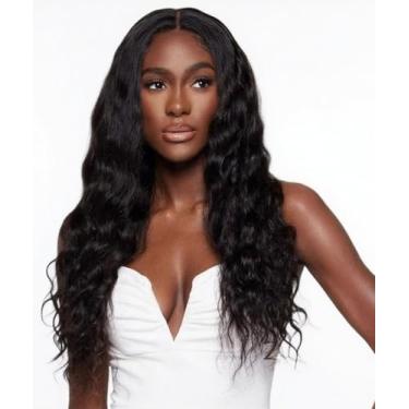 Imagem de Emistar Peruca Cacheada Com Parte Em V, Sem Cola, Parte Em U, Cabelo Sintético Preto Natural, Macio Como Cabelo Humano, Perucas Onduladas Para Mulheres Negras (#1B, 18 Polegadas)