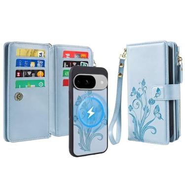 Imagem de Capa carteira para Google Pixel 9 Pro XL/10 Pro XL, compatível com MagSafe 2 em 1 de couro sintético destacável magnético com bloqueio de RFID, suporte para cartão, cordão de pulso com zíper, floral