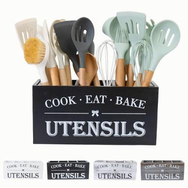 Imagem de LIBODOUR Suporte de utensílios, grande suporte de utensílios de madeira para balcão de cozinha, organizador de espátula de cozinha, grande organizador de armazenamento com 3 compartimentos Talheres de