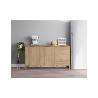 Imagem de Balcão Kits Paraná 1600 Glam 2 Portas 3 Gavetas Painel Ripado Freijó Vanilla