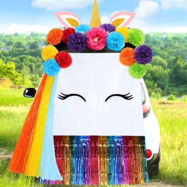 Imagem de Wonderjune Kit de decoração de carro com 17 peças de unicórnio para Halloween 149,9 cm x 119,4 cm, papel de fundo de unicórnio, flor, saia de mesa, arco de carro, decoração de garagem para SUV, porta,