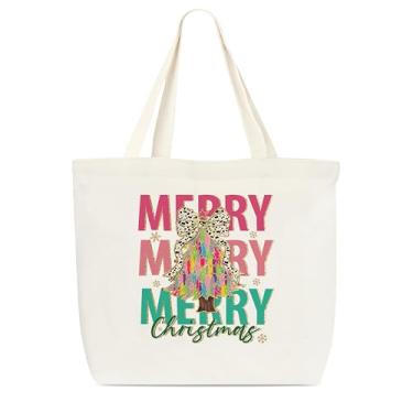 Imagem de Dr.Baner Sacola feminina Merry Christmas, lona de árvore de Natal com glitter, bolsa de compras reutilizável com laço de coquete, sacolas de presentes de férias para amigos e familiares (08)