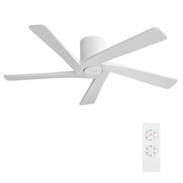 Imagem de WINGBO Ventiladores de teto CC de montagem embutida de 137 cm sem luzes, 5 lâminas de madeira maciça esculpida, motor CC reversível de 6 velocidades, ventilador de teto de baixo perfil, sem luzes para