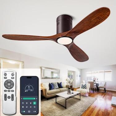 Imagem de Ventilador de teto de 132 cm com luz com controle remoto de 6 velocidades/aplicativo, pá de ventilador de madeira maciça, LED regulável 3CCT, silencioso, ventilador de teto embutido para quarto