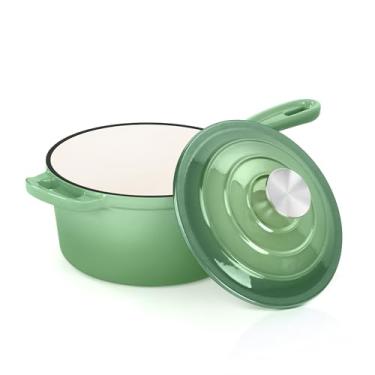 Imagem de E-far Panela de ferro fundido esmaltado com tampa, panela holandesa de 1 litro, mini panela de molho para cozinhar, ferver, saudável e não tóxica, segura para indução e forno, verde pistache