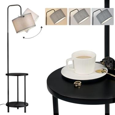 Imagem de ELYONA Luminária de chão moderna para sala de estar, candeeiro de mesa lateral de madeira maciça com persiana de tambor de tecido cinza, mesa de canto com temperatura de 3 cores, luz de pé para quarto