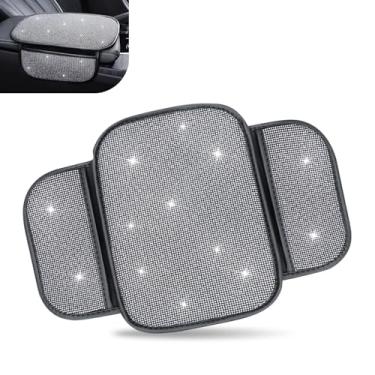Imagem de MOXRUQ 1 PC Almofada de console de apoio de braço para carro, capa de apoio de braço de diamante elegante com dois sacos de armazenamento, almofada protetora de descanso de braço macia de cristal