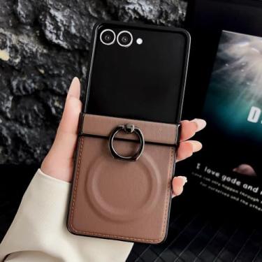 Imagem de Capa de celular de couro macio com anel de metal fosco para Samsung Z-Flip 6 5 4 3, com carregamento sem fio e proteção antiderrapante (para Galaxy Z Flip5/marrom)