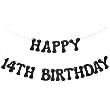Imagem de Banner Happy 14th Birthday - Cheer to 14 Years, decoração de festa de aniversário de 14 anos para meninos adolescentes adolescentes com glitter preto