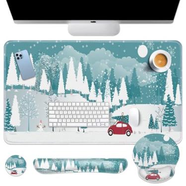 Imagem de Britimes Merry Christmas Conjunto de mouse pad vermelho para carro com árvore de neve 4 em 1 grande mousepad + teclado descanso de pulso + descanso de pulso do mouse + porta-copos design ergonômico