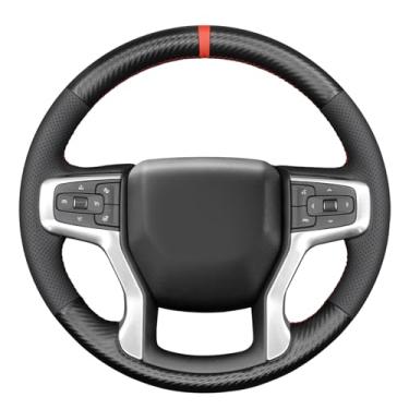 Imagem de MEWANT Capa de volante costurada à mão em fibra de carbono preto fosco e couro PU listrado vermelho para Chevrolet Blazer/Silverado (1500)/Silverado (2500/3500)/ Suburban/Tahoe