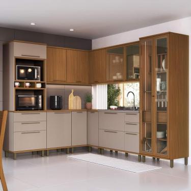 Imagem de Cozinha Modulada Completa Fidelitá Barcelona 8 Peças 484cm 15 Portas 5 Gavetas Sem Tampo Freijó/Camurça