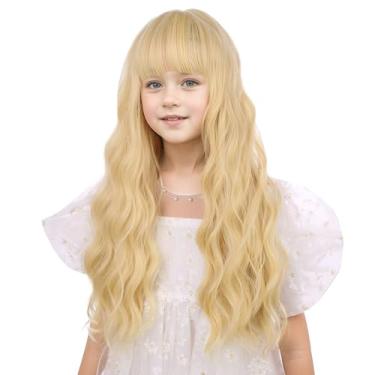Imagem de DUDUWIG Peruca loira para meninas, longa, loira dourada com franja, ondulada, cacheada, para crianças, festa de salão, inclui touca de perucas