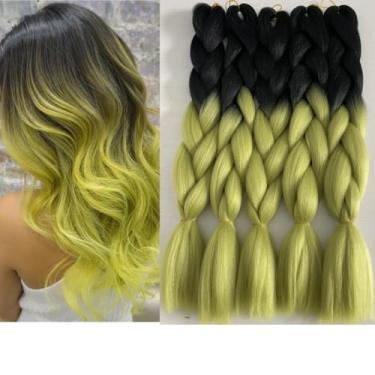 Imagem de 61 cm, 5 peças, extensões de cabelo trançadas jumbo premium amarelo ombré, verde, alta temperatura, anexo, fibra sintética, textura macia para caixa trançada, festival, tranças, cosplay (preto a