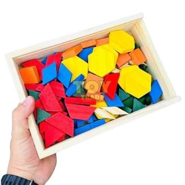 Imagem de Brinquedo Educativo Mosaico Geométrico em Madeira, 100 Peças Multicoloridas, Caixa 27x18x6 cm