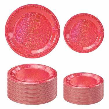 Imagem de FALIZIFU 50 peças de pratos vermelhos iridescentes de 65 × 19 cm e 65 × 23 cm pratos vermelhos descartáveis para chá de bebê, festa de aniversário, prato de sobremesa descartável