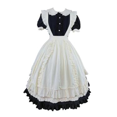 Imagem de Smiling Angel Vestido Lolita gótico vitoriano com acabamento em renda, manga curta, gola Peter Pan, fantasia vintage de empregada com avental de babados, Preto longo, M